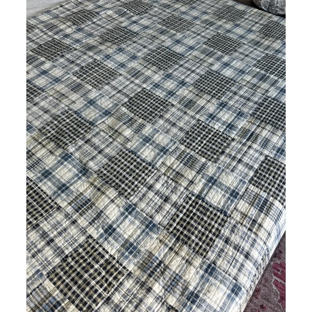 Eddie Bauer Plaid Quilt Blue Gray Cream Twin Throw Vtg 90s Rustic Cabin Cottage